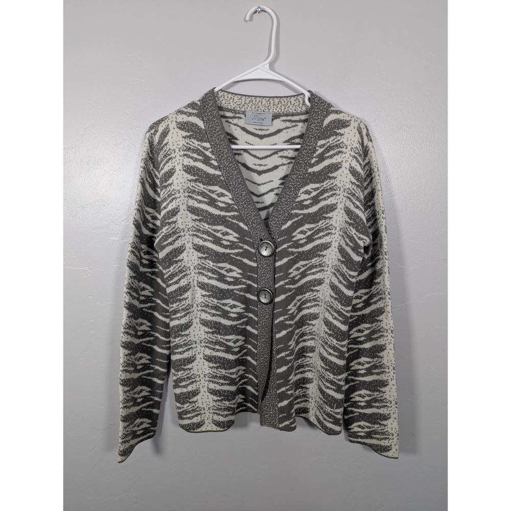 Milly Cardigan L Animal‎ Print Gray Artsy Career Editorial Large Buttons Fall